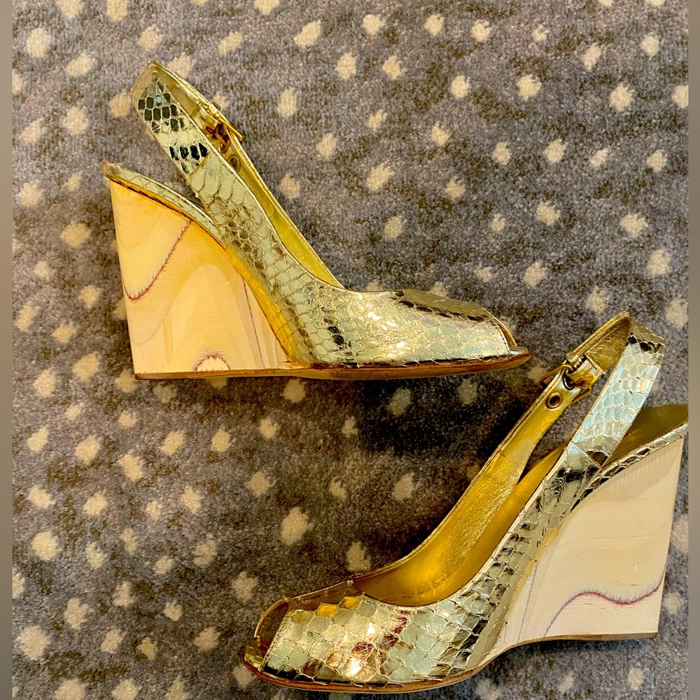 Miu Miu platform wedge heels, size 8 (38), gold peep toe, VERY good condition!